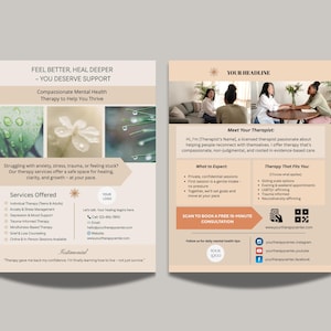 May include: A two-page flyer in beige and white. The left side shows images of leaves and flowers with water droplets. Text includes "Feel Better, Heal Deeper" and "Compassionate Mental Health Therapy". The right side has photos of people and text about therapy services.