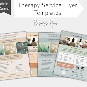 May include: A set of therapy service flyer templates, featuring the text "Therapy Service Flyer Templates" and "Business Flyer". The flyers use a beige, green, and grey colour scheme, with images and text related to mental health services.