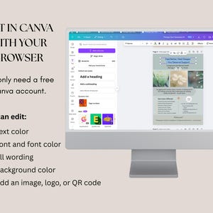 May include: A computer monitor shows a Canva design interface. Text on the screen reads "Feel Better, Heal Deeper, You Deserve Support." Additional text includes "Edit in Canva with your browser" and "You can edit: Text colour, Font and font colour, All wording, Background colour, Add an image, logo, or QR code."