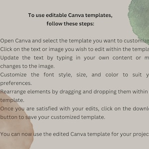 May include: A beige graphic with instructions on using editable Canva templates. The text details steps for customising templates, including selecting, editing text and images, and downloading the design. Watercolor accents in green and brown are in the background.