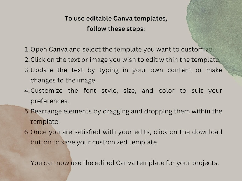 May include: A beige graphic with instructions on using editable Canva templates. The text details steps for customising templates, including selecting, editing text and images, and downloading the design. Watercolor accents in green and brown are in the background.