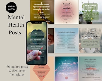 Plantillas de publicaciones de Instagram sobre salud mental / Paquete Canva de terapia para traumas (descarga digital)