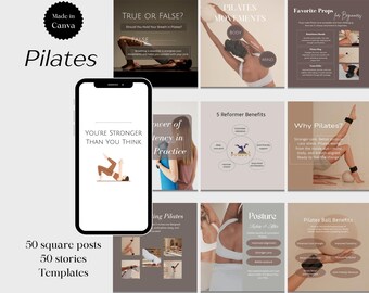 Plantillas de publicaciones de pilates para Instagram, paquete de Canva editable para instructores y estudios, kit de plantillas para redes sociales de fitness y bienestar.