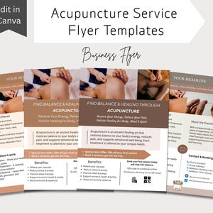 May include: A set of acupuncture service flyer templates with a business flyer design. The flyers feature images of acupuncture treatments and include text such as "Find Balance & Healing Through Acupuncture". The flyers are in shades of brown and white.