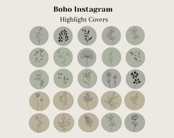 Portadas para historias destacadas de Instagram con motivos florales bohemios, íconos verde salvia (descarga instantánea)
