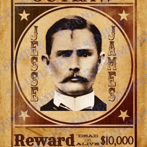 Jesse James Wanted Poster With Pistols Digital Download Historically accurate Bounty & Image