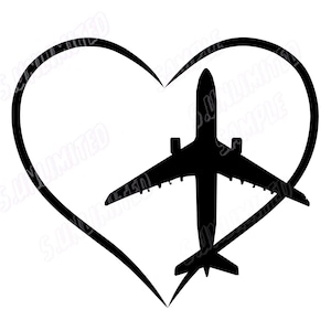 May include: A black silhouette of an airplane inside a black heart shape. The airplane is centered within the heart, with its wings and tail extending beyond the heart's outline. The image is set against a white background.