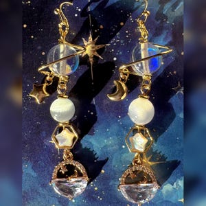 Moon and Star Iridescent Earrings, Celestial Star Dangle Earrings, Gift For Her