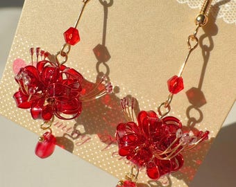 Red Spider Lily Earrings: Resin Flower, Gold Wire Drop Dangle