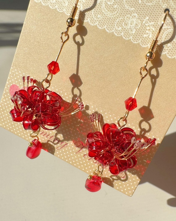 Red Spider Lily Earrings: Resin Flower, Gold Wire Drop Dangle