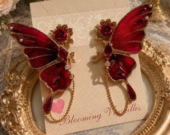Pendientes barrocos de mariposa rubí, pendientes rococó de mariposa roja