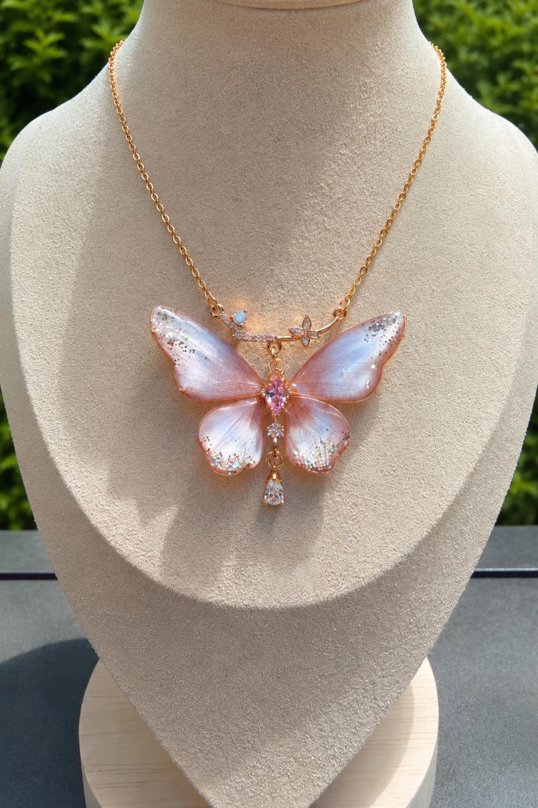 Pink Butterfly Necklace, Moonlight Butterfly Pendant, Ethereal Fairycore Jewelry, Gift For