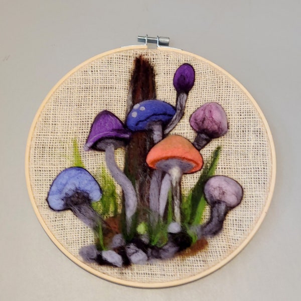 Mushrooms, needle felted wool 3D sculpture on material in 9" hoop