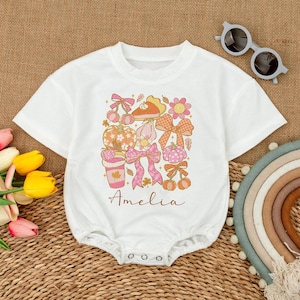 Personalized Autumn Doodle with Pumpkin and Bow Romper, Fall Pumpkin Baby Bodysuit, Girly Pumpkin Bow Romper, Bubble Romper