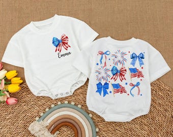 Personalized Coquette Bow Bubble Romper: Retro USA Baby Outfit