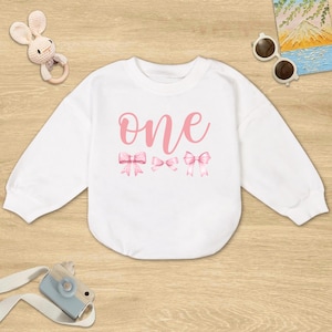 Girls 1st Birthday Romper Sweatshirt - Pink Bow One Year Old Outfit - Coquette Bow Bodysuit - First Birthday Gift - Minimalist Pink Ribbon