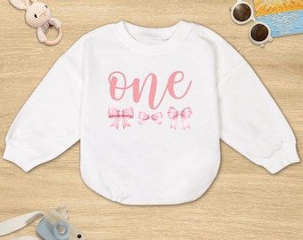 Girls 1st Birthday Sweatshirt Romper: Pink Bow One Year Old Outfit