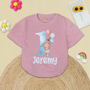 Teddy Bear First Birthday Romper, Personalized Baby Boy 1st Birthday Shirt, Beary Special Theme Party Tee, Boys Bear Blue Balloons Bodysuit
