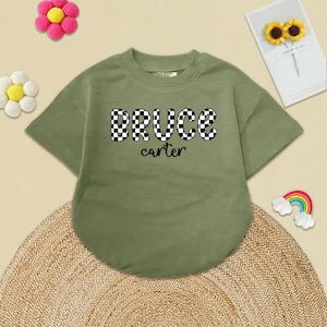 Checkered Name Boy Bubble Romper Bodysuit, Baby Shower Gift, Personalized Boys Shirt, Boys Name Tee, Oversized Romper