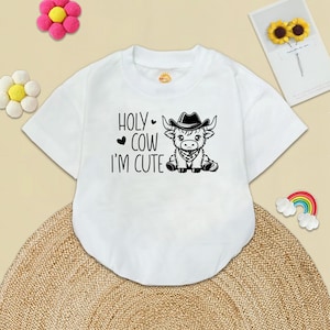 Holy Cow I&#39;m cute romper, Gender neutral baby bodysuit, Cow shirt, Baby shower gift, Highland cow, Unisex Clothes, Farm animal baby