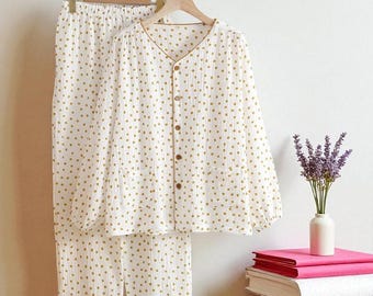 Women’s Cotton Muslin Pajama Set,Floral Double Gauze Sleepwear,Long Sleeve Collared Top & Elastic Waist Pants, Lightweight Summer Loungewear