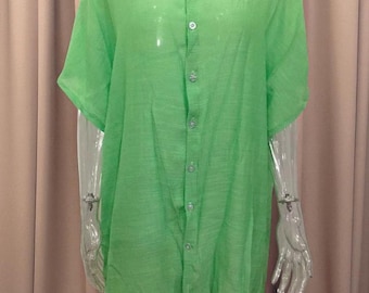 Cotton Linen Long Shirt Dress | Oversized V-Neck Button-Up Tunic | Short Sleeve Summer Beach Cover-Up | Casual Loose Fit Blouse for Women