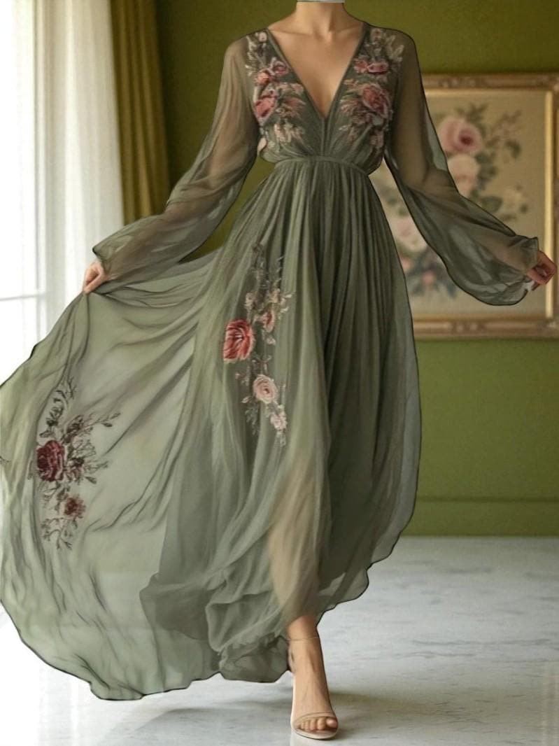 Boho Floral Maxi Dress for Women,V-Neck Long Sleeve High Waist Chiffon Gown,Summer Formal Prom Wear,Wedding Guest Outfit,Party Fairy dresses