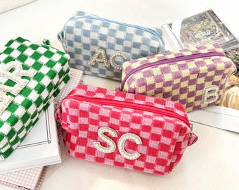 Personalized Checkered Makeup Bag,Checkered Pouch,Bridesmaid Gifts, Vacation Gift,Bach Party Favors,Bachelorette Favors,Retro Bag