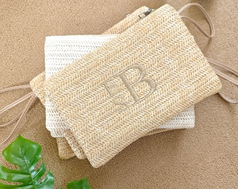 Embroidered Corduroy Makeup Bag,Personalized Embroidered Cosmetic Bag,Handwoven Straw Cosmetic Bag with Leather Trim,Bridesmaid Gifts
