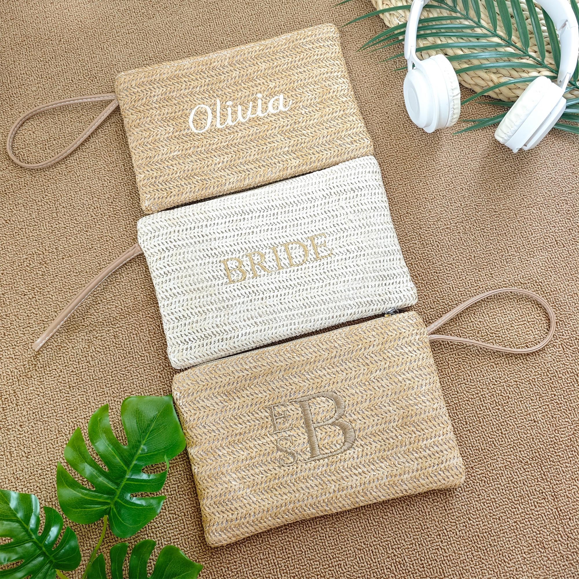 Personalized Makeup Bag With Name,Handwoven Straw Cosmetic Bag with Leather Trim,woven cosmetic bag,Bridesmaid Makeup Bag,Bridesmaid Gifts