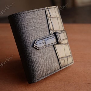 Cartera clásica premium de piel de caimán negra cosida a mano