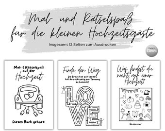 Coloring and puzzle fun to print | Coloring book puzzle book for the little wedding guests | black and white wedding gift children PDF file