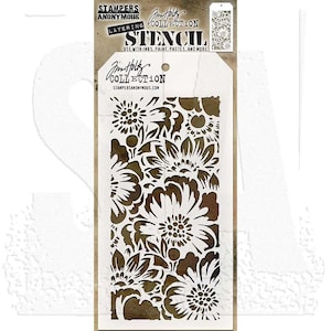 May include: A stencil with a floral design. The stencil is white with a brown background. The stencil has the words "STAMPERS ANONYMOUS COLLECTION LAYERING STENCIL" printed on it. The stencil is used with inks, paint, pastes, and more.