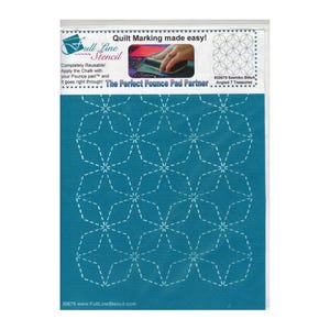 May include: A teal stencil with a repeating geometric pattern of connected star shapes. The stencil is in a clear plastic package with text that reads "Quilt Marking made easy!" and "The Perfect Pounce Pad Partner".