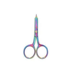 May include: Rainbow-colored stainless steel cuticle scissors with a pointed tip and gold screw.