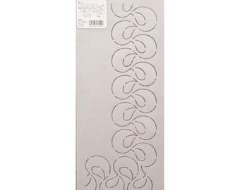 May include: A light grey stencil featuring a repeating, abstract design of interconnected loops. The stencil is rectangular with a small hole at the top for hanging. The packaging includes text and a barcode.