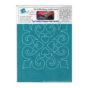 May include: A teal Full Line stencil with a white Victorian Gingerbread Block design. The stencil is labeled "Quilt Marking made easy!" and "The Perfect Pounce Pad Partner." It is completely reusable and designed to be used with chalk and a pounce pad.