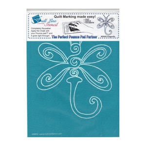 May include: A teal stencil with a white dragonfly design. The stencil is labeled "Full Line Stencil" and includes the text "Quilt Marking made easy!" and "The Perfect Pounce Pad Partner". The stencil is reusable.