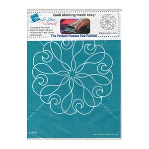 May include: A teal stencil with a white floral design, labeled "#30645 lacy Heart Array." The packaging includes the text "Quilt Marking made easy!" and "Full Line Stencil." The stencil is designed for quilting and is completely reusable.