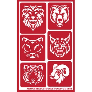 May include: A red sheet with six white animal face stencils. The stencils include a lion, bear, tiger, lynx, tiger, and ram.