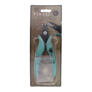 May include: VINTAJ hole punch pliers with teal handles and black jaws, packaged on a brown and black card. The package includes a small bag with metal eyelets. The pliers are designed for creating 1.5 mm holes.