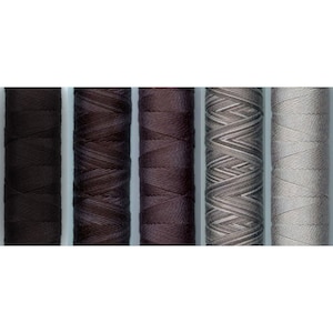 May include: Five spools of thread in varying shades of brown and gray. The spools are tightly wound, with the thread creating a textured surface. The colors range from dark chocolate to light gray, suitable for crafts and sewing projects.