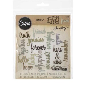 May include: A package of 16 metal dies for crafting. The dies feature words like "truth", "friend", "genuine", "forever", "here", "now", and "remember". The package is labeled "Sizzix Thinlits" and "Jim Holtz Alterations".