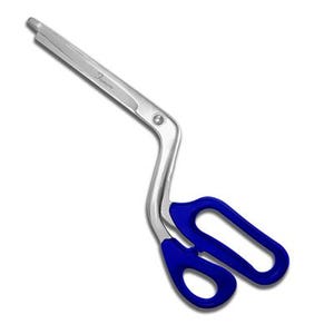 May include: A pair of blue-handled medical scissors with a curved handle and a silver blade.