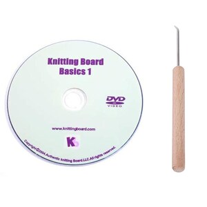 May include: A DVD titled "Knitting Board Basics 1" with the text "DVD VIDEO" and a website address. A wooden-handled crochet hook is next to the DVD. The DVD has a purple and green logo.