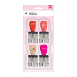 May include: A package of four rotary stamps with various designs. The stamps have red, pink, and wood-toned handles. The package includes the text "Rotary Stamps" and the brand logo.