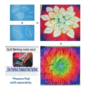 May include: A blue quilting template with a design of multiple feather shapes. The template is used to create a large, colorful, quilted flower design. The text "Quilt Marking made easy!" and "The Perfect Pounce Pad Partner" is visible. The text "*Pounce Pad sold separately." is also visible.
