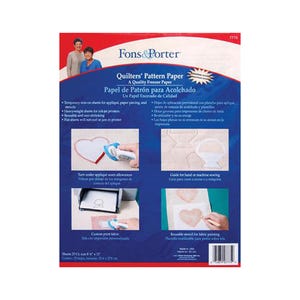 May include: Fons & Porter Quilters' Pattern Paper, a quality freezer paper for quilting and sewing projects. The packaging features 25 sheets measuring 8.5 inches by 11 inches, with instructional images showing applique, printing, and stenciling techniques.
