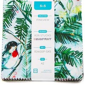 May include: A pack of 42 5x5 inch fabric squares featuring a bird and pine needles on a light blue background. The fabric squares are part of the Pineview collection by RJR Studio. The SKU is RJ400P-5X5.