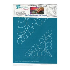 May include: A teal blue Full Line Stencil for quilting. The stencil features white feather-like corner designs. Text on the stencil reads "Quilt Marking made easy!" and "The Perfect Pounce Pad Partner."